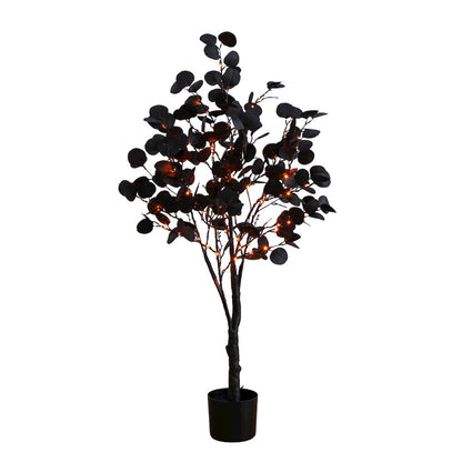 4ft. Pre-Lit Artificial Halloween Black Eucalyptus Tree with 160 LED Lights