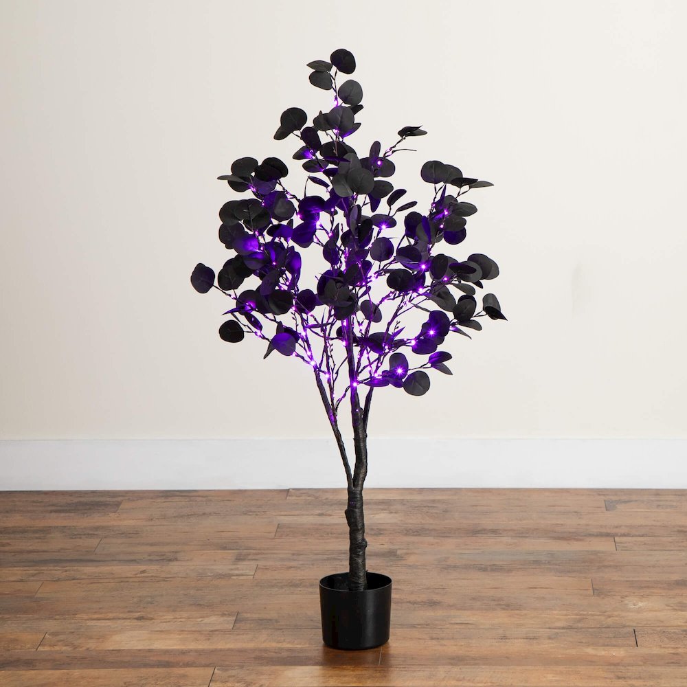 4ft. Pre-Lit Artificial Halloween Black Eucalyptus Tree with 160 LED Lights