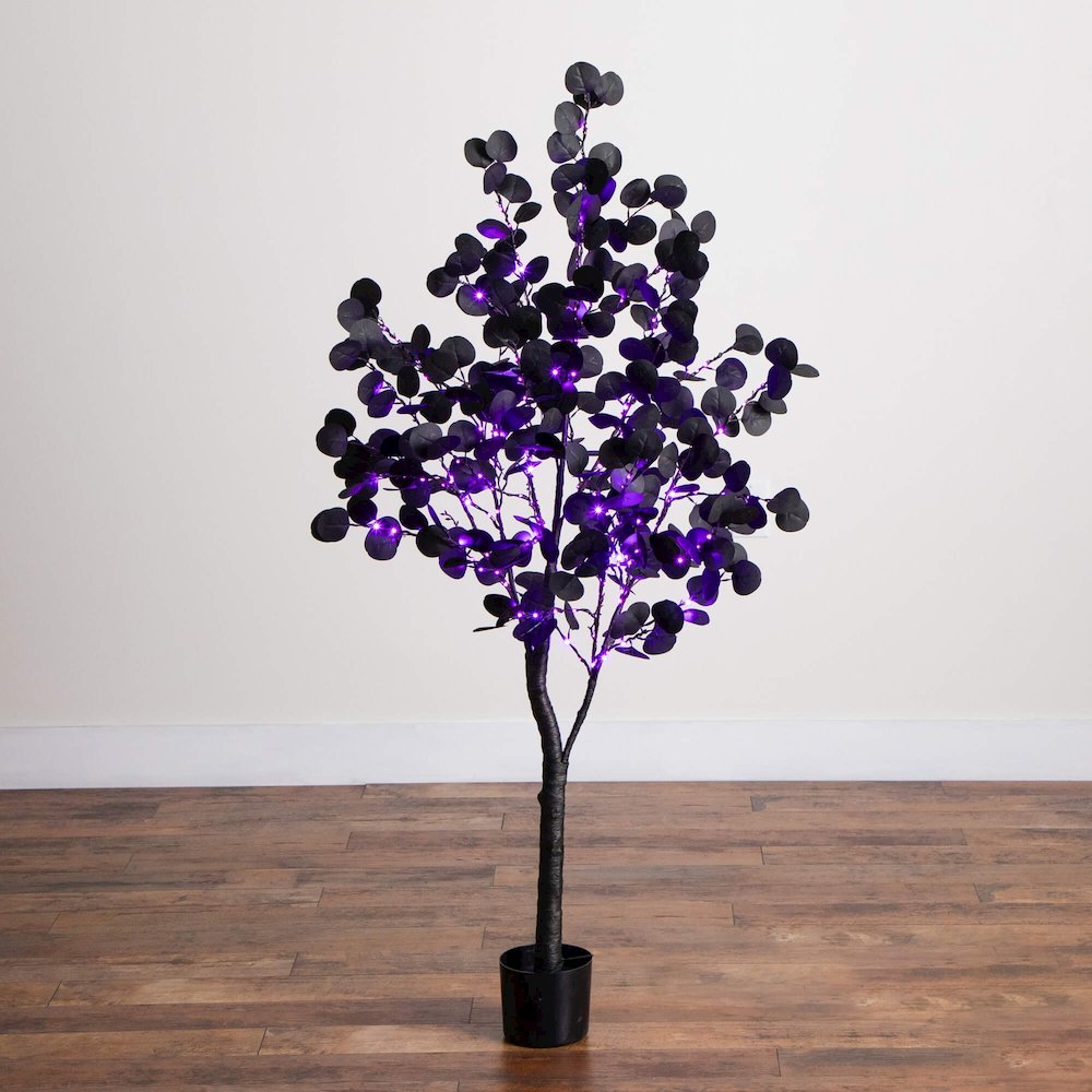 5ft. Pre-Lit Artificial Halloween Black Eucalyptus Tree with 220 LED Lights