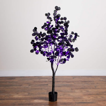 5ft. Pre-Lit Artificial Halloween Black Eucalyptus Tree with 220 LED Lights