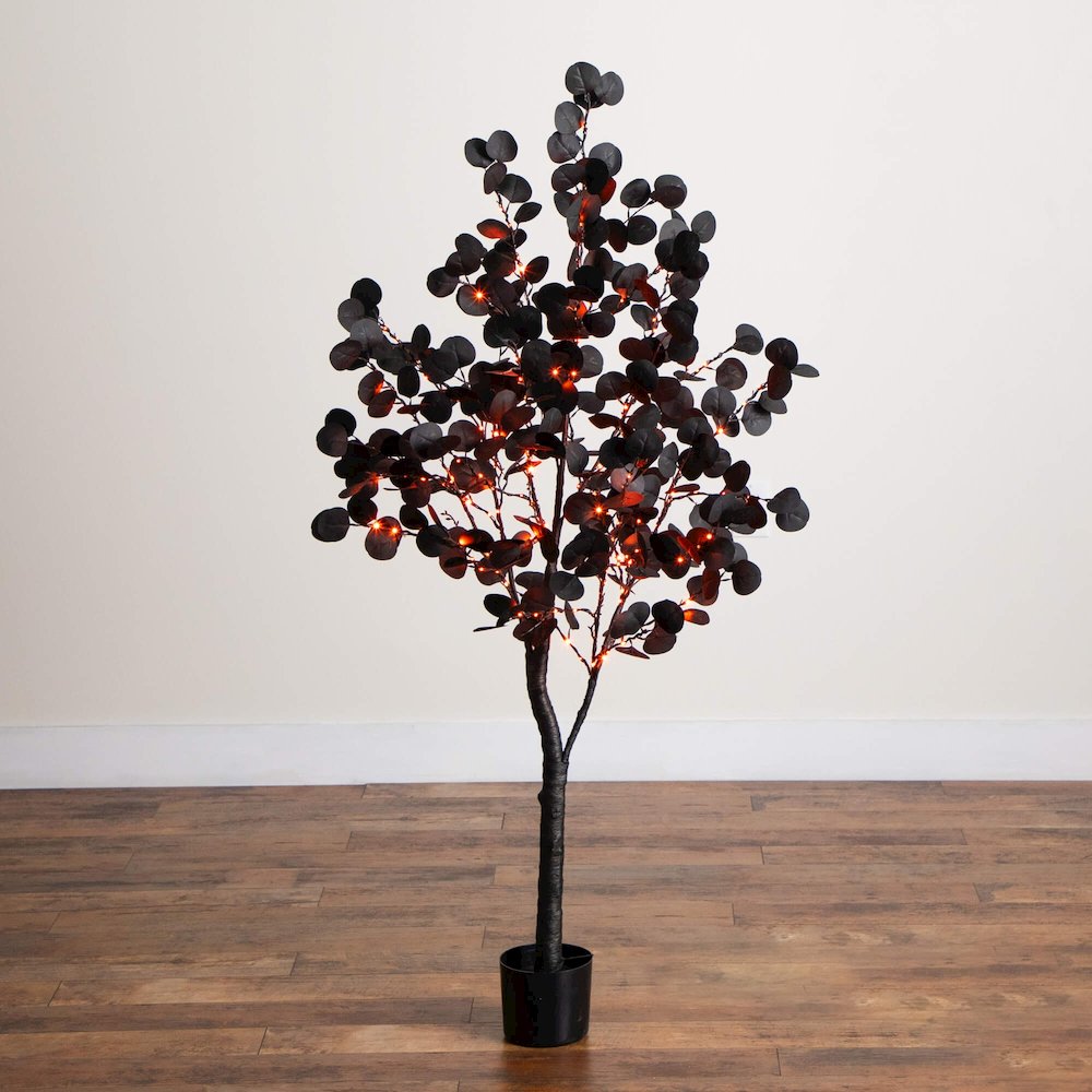5ft. Pre-Lit Artificial Halloween Black Eucalyptus Tree with 220 LED Lights