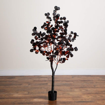 5ft. Pre-Lit Artificial Halloween Black Eucalyptus Tree with 220 LED Lights