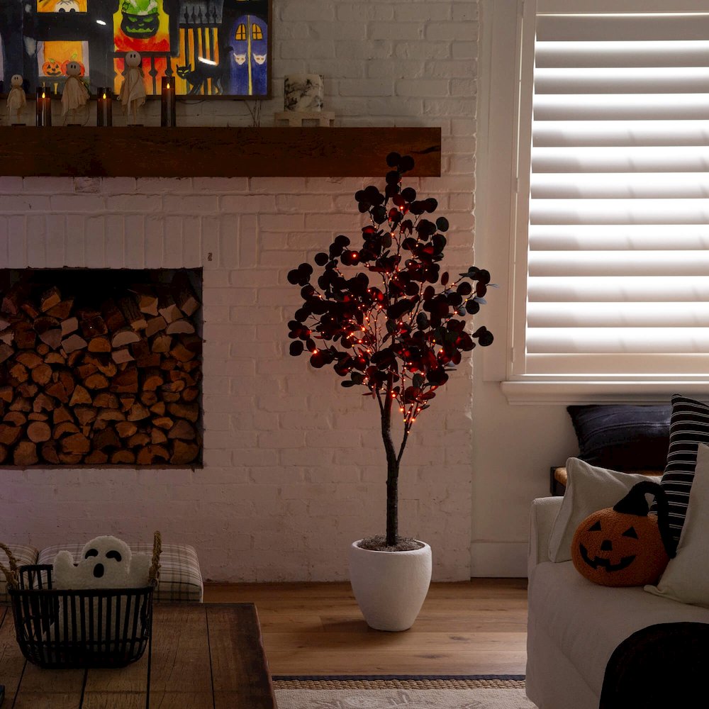 5ft. Pre-Lit Artificial Halloween Black Eucalyptus Tree with 220 LED Lights