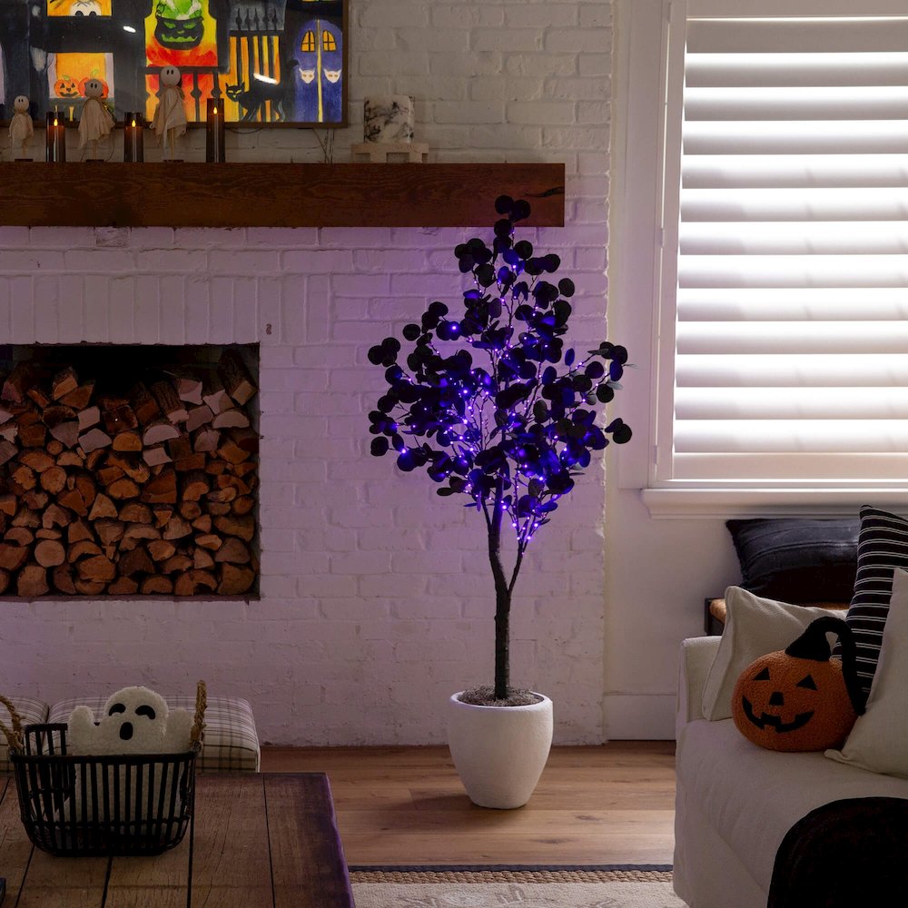 5ft. Pre-Lit Artificial Halloween Black Eucalyptus Tree with 220 LED Lights