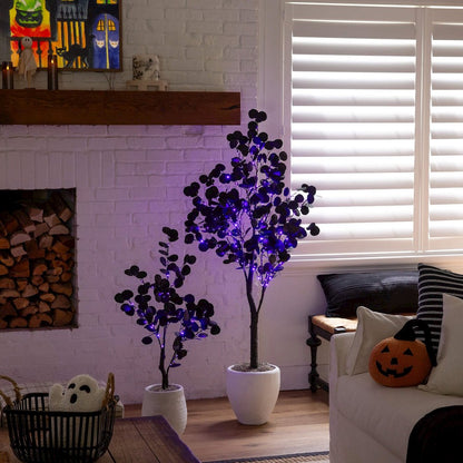 5ft. Pre-Lit Artificial Halloween Black Eucalyptus Tree with 220 LED Lights