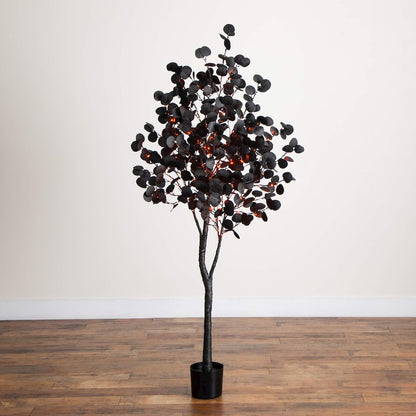 6ft. Pre-Lit Artificial Halloween Black Eucalyptus Tree with 300 LED Lights