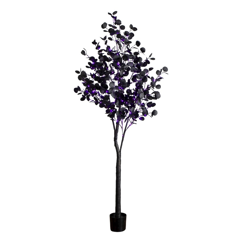 7ft. Pre-Lit Artificial Halloween Black Eucalyptus Tree with 420 LED Lights