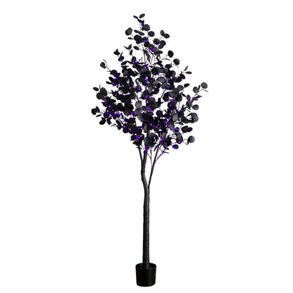 7ft. Pre-Lit Artificial Halloween Black Eucalyptus Tree with 420 LED Lights