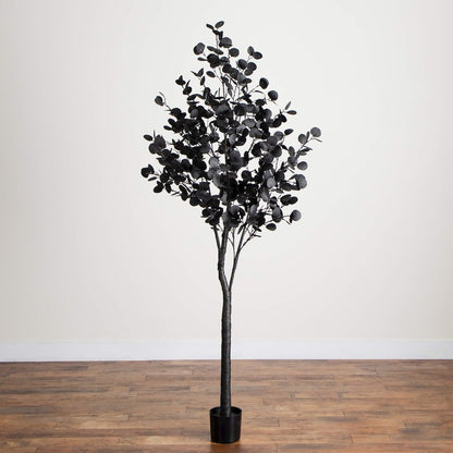 7ft. Pre-Lit Artificial Halloween Black Eucalyptus Tree with 420 LED Lights