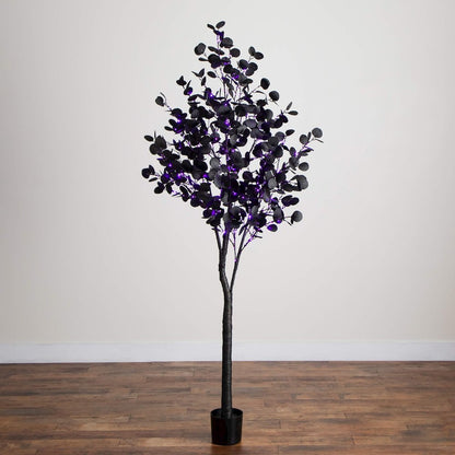 7ft. Pre-Lit Artificial Halloween Black Eucalyptus Tree with 420 LED Lights