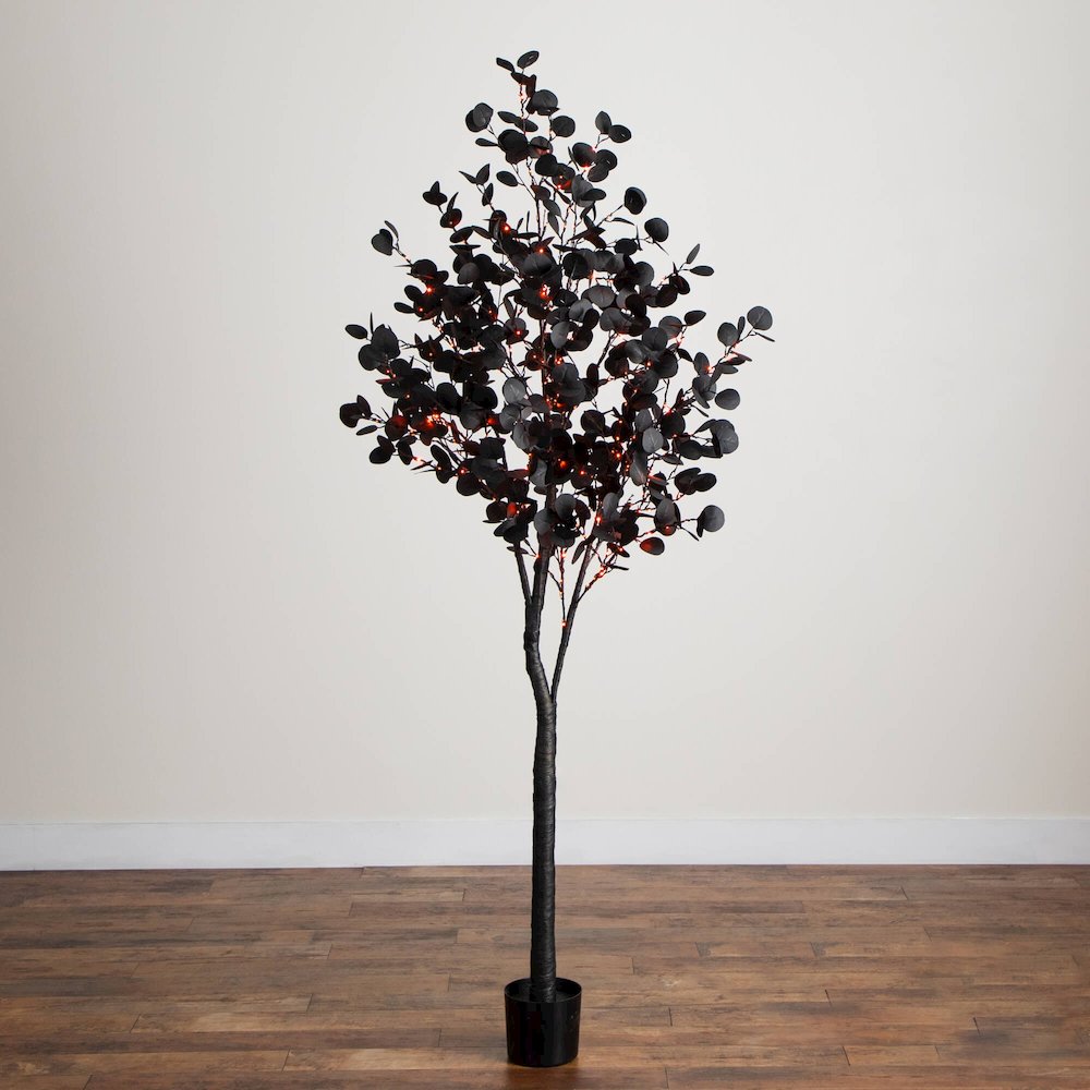 7ft. Pre-Lit Artificial Halloween Black Eucalyptus Tree with 420 LED Lights