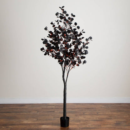 7ft. Pre-Lit Artificial Halloween Black Eucalyptus Tree with 420 LED Lights