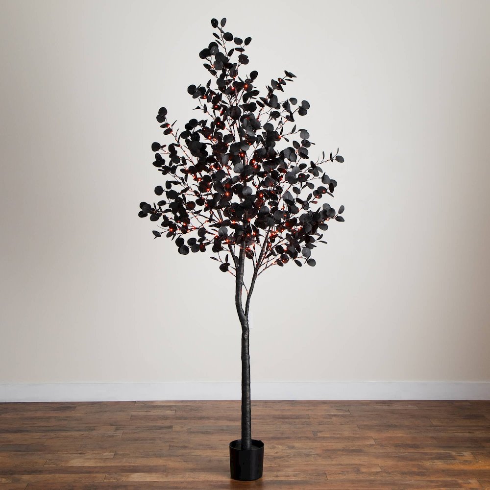 8ft. Pre-Lit Artificial Halloween Black Eucalyptus Tree with 540 LED Lights