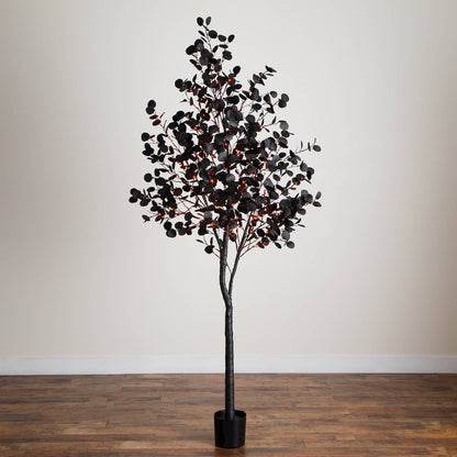 8ft. Pre-Lit Artificial Halloween Black Eucalyptus Tree with 540 LED Lights