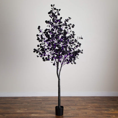 8ft. Pre-Lit Artificial Halloween Black Eucalyptus Tree with 540 LED Lights