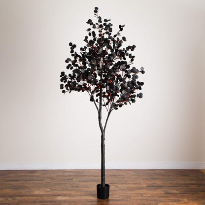 9ft. Pre-Lit Artificial Halloween Black Eucalyptus Tree with 700 LED Lights