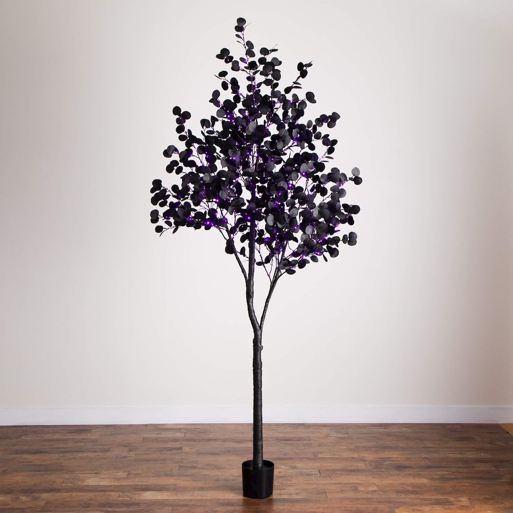 9ft. Pre-Lit Artificial Halloween Black Eucalyptus Tree with 700 LED Lights