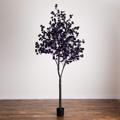 9ft. Pre-Lit Artificial Halloween Black Eucalyptus Tree with 700 LED Lights