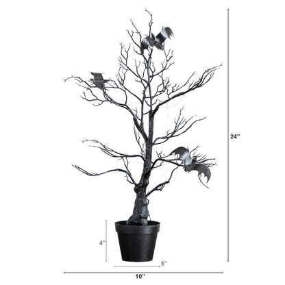 2ft. Pre-Lit Artificial Halloween Black Spooky Twig Tree with Bats