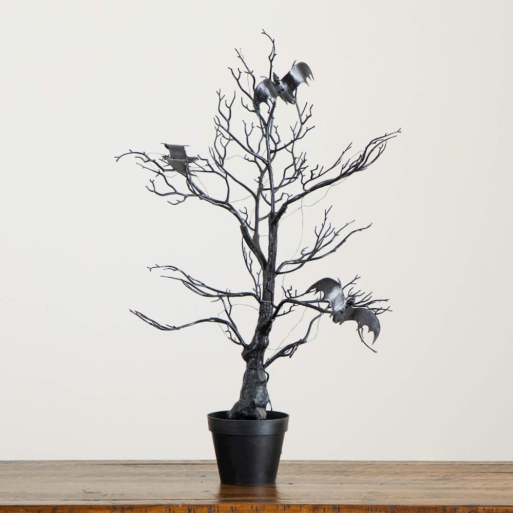 2ft. Pre-Lit Artificial Halloween Black Spooky Twig Tree with Bats
