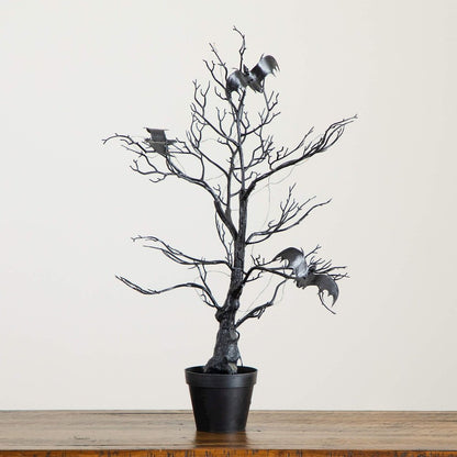 2ft. Pre-Lit Artificial Halloween Black Spooky Twig Tree with Bats