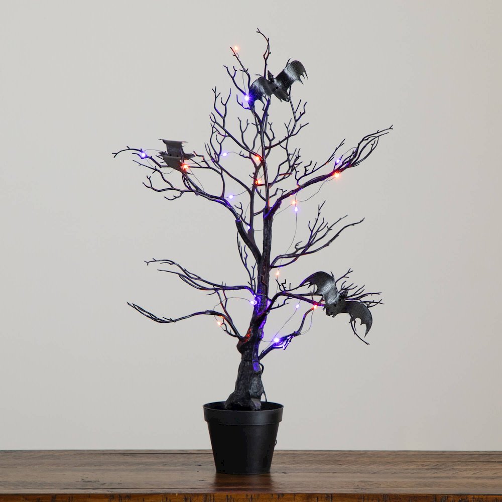 2ft. Pre-Lit Artificial Halloween Black Spooky Twig Tree with Bats
