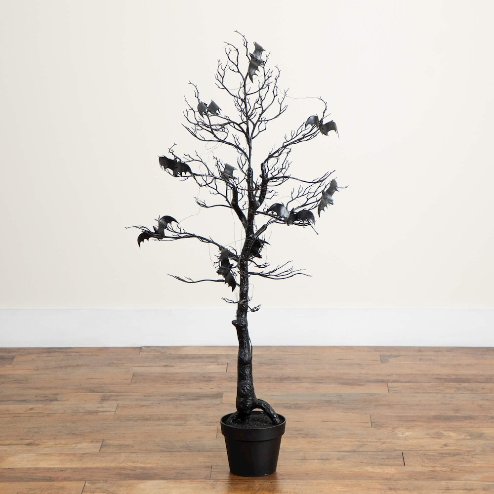 4ft. Pre-Lit Artificial Halloween Black Spooky Twig Tree with Bats