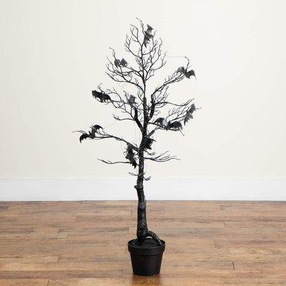 4ft. Pre-Lit Artificial Halloween Black Spooky Twig Tree with Bats