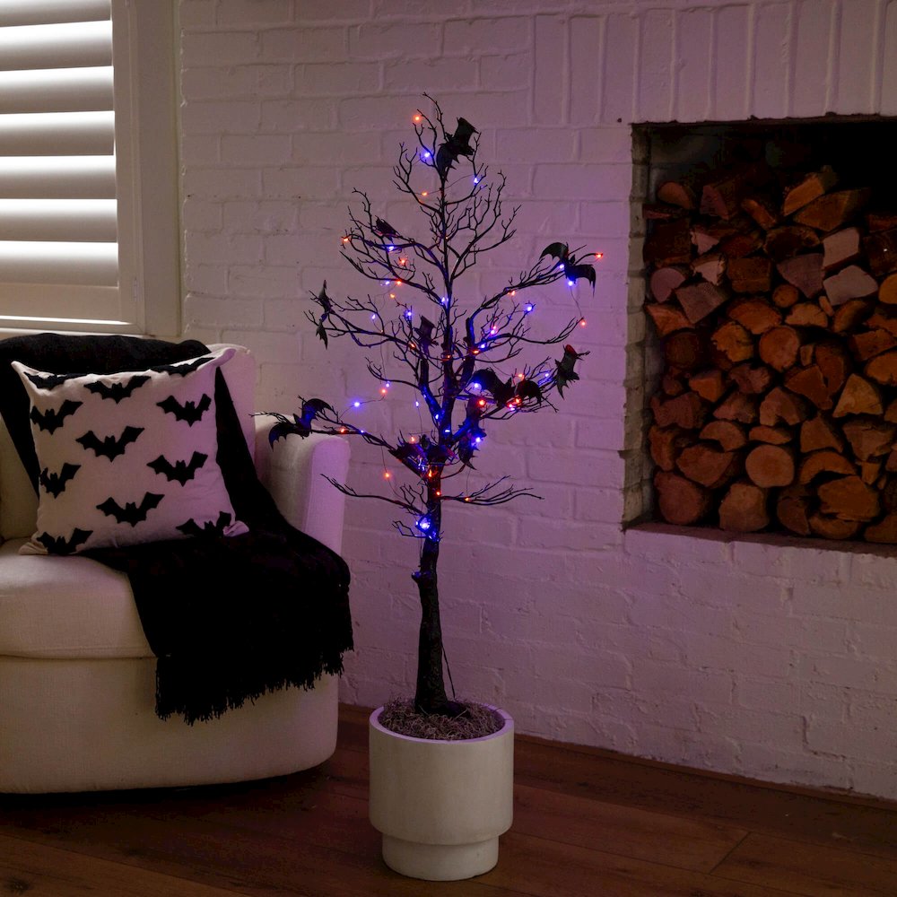 4ft. Pre-Lit Artificial Halloween Black Spooky Twig Tree with Bats