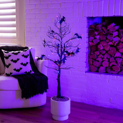 4ft. Pre-Lit Artificial Halloween Black Spooky Twig Tree with Bats