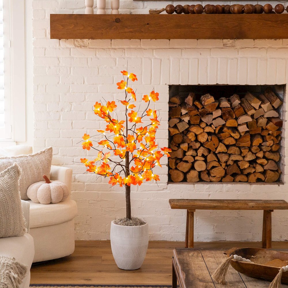 4ft. Pre-Lit Minimalist Autumn Maple Artificial Fall Tree with 56 LED Lights
