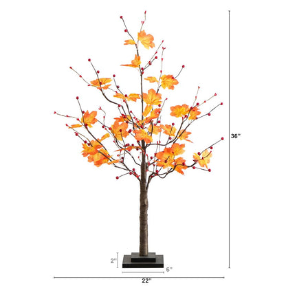 3ft. Pre-Lit Autumn Maple Artificial Fall Tree with Berries and 36 LED Lights