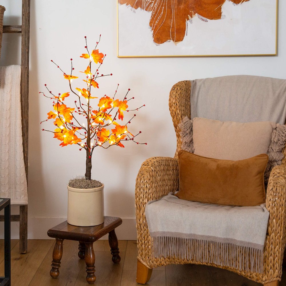 3ft. Pre-Lit Autumn Maple Artificial Fall Tree with Berries and 36 LED Lights