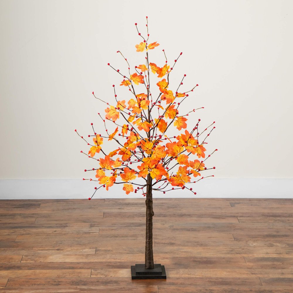 4ft. Pre-Lit Autumn Maple Artificial Fall Tree with Berries and 60 LED Lights