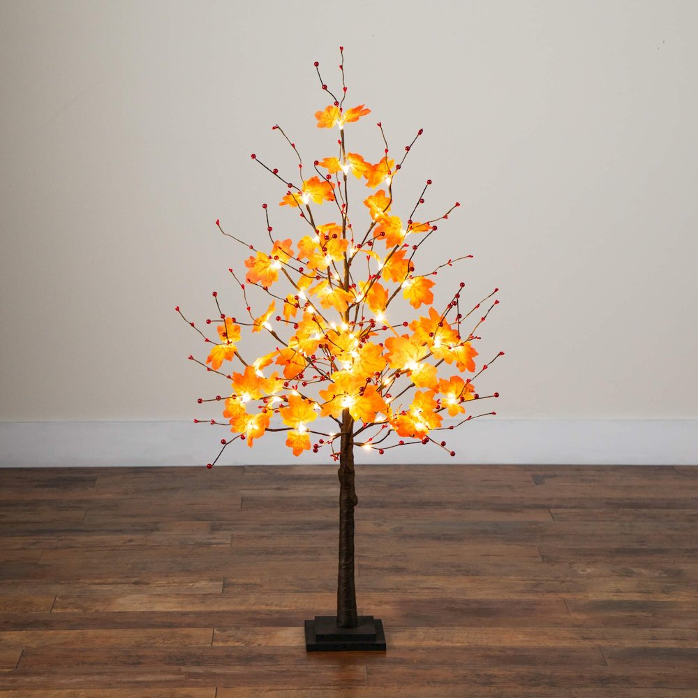 4ft. Pre-Lit Autumn Maple Artificial Fall Tree with Berries and 60 LED Lights