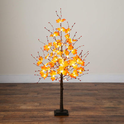 4ft. Pre-Lit Autumn Maple Artificial Fall Tree with Berries and 60 LED Lights