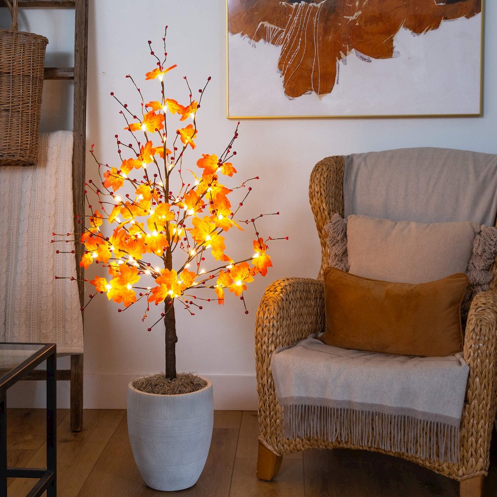 4ft. Pre-Lit Autumn Maple Artificial Fall Tree with Berries and 60 LED Lights