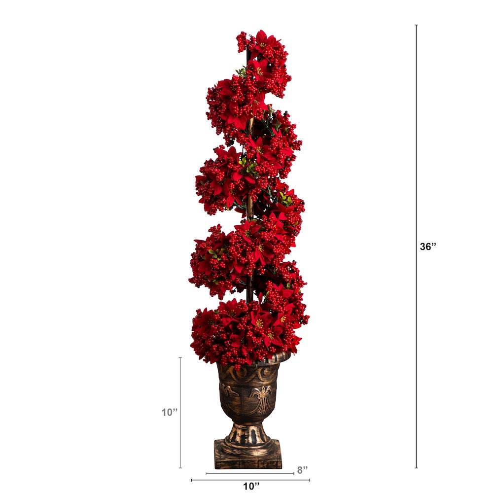 3ft. Pre-Lit Artificial Christmas Poinsettias and Berries Spiral Topiary Tree