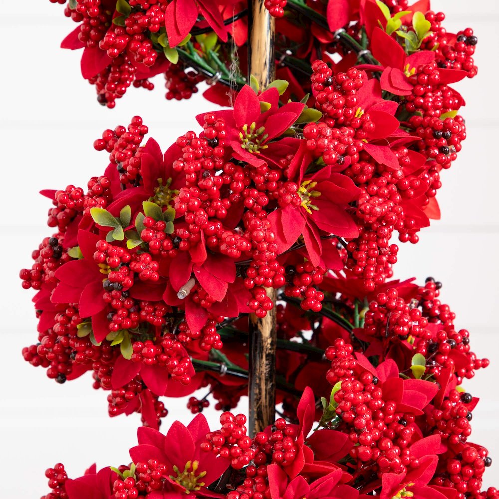 3ft. Pre-Lit Artificial Christmas Poinsettias and Berries Spiral Topiary Tree