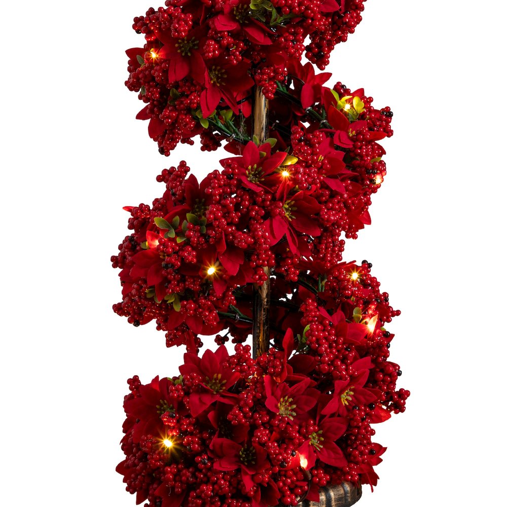 3ft. Pre-Lit Artificial Christmas Poinsettias and Berries Spiral Topiary Tree