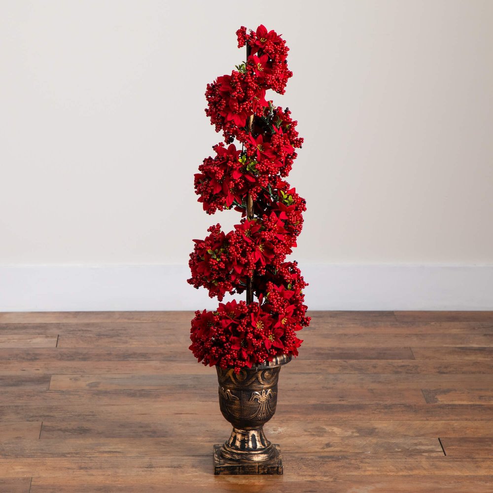 3ft. Pre-Lit Artificial Christmas Poinsettias and Berries Spiral Topiary Tree