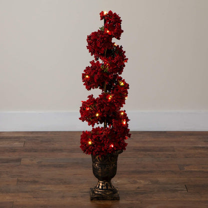 3ft. Pre-Lit Artificial Christmas Poinsettias and Berries Spiral Topiary Tree