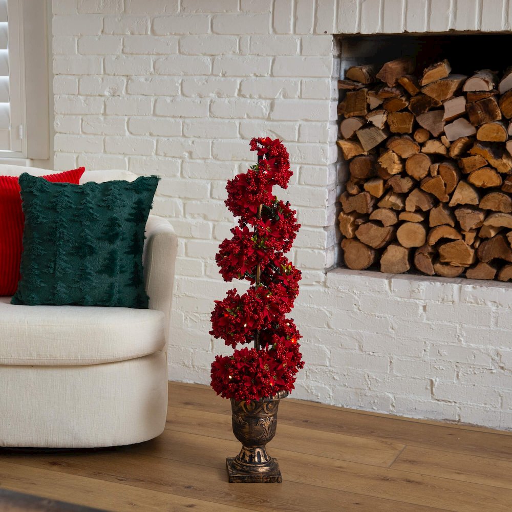 3ft. Pre-Lit Artificial Christmas Poinsettias and Berries Spiral Topiary Tree