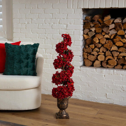 3ft. Pre-Lit Artificial Christmas Poinsettias and Berries Spiral Topiary Tree