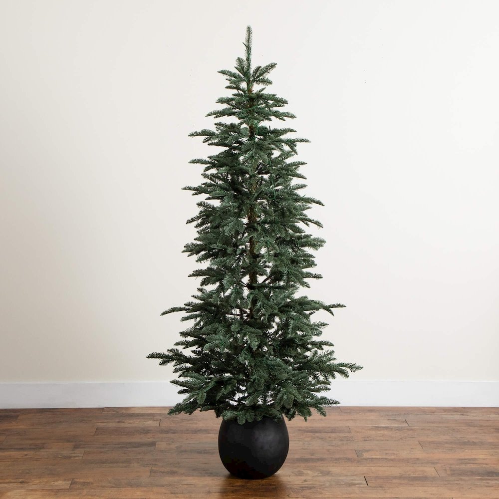 6ft. Pre-Lit Artificial Pine Christmas Tree in Round Black Decorative Planter