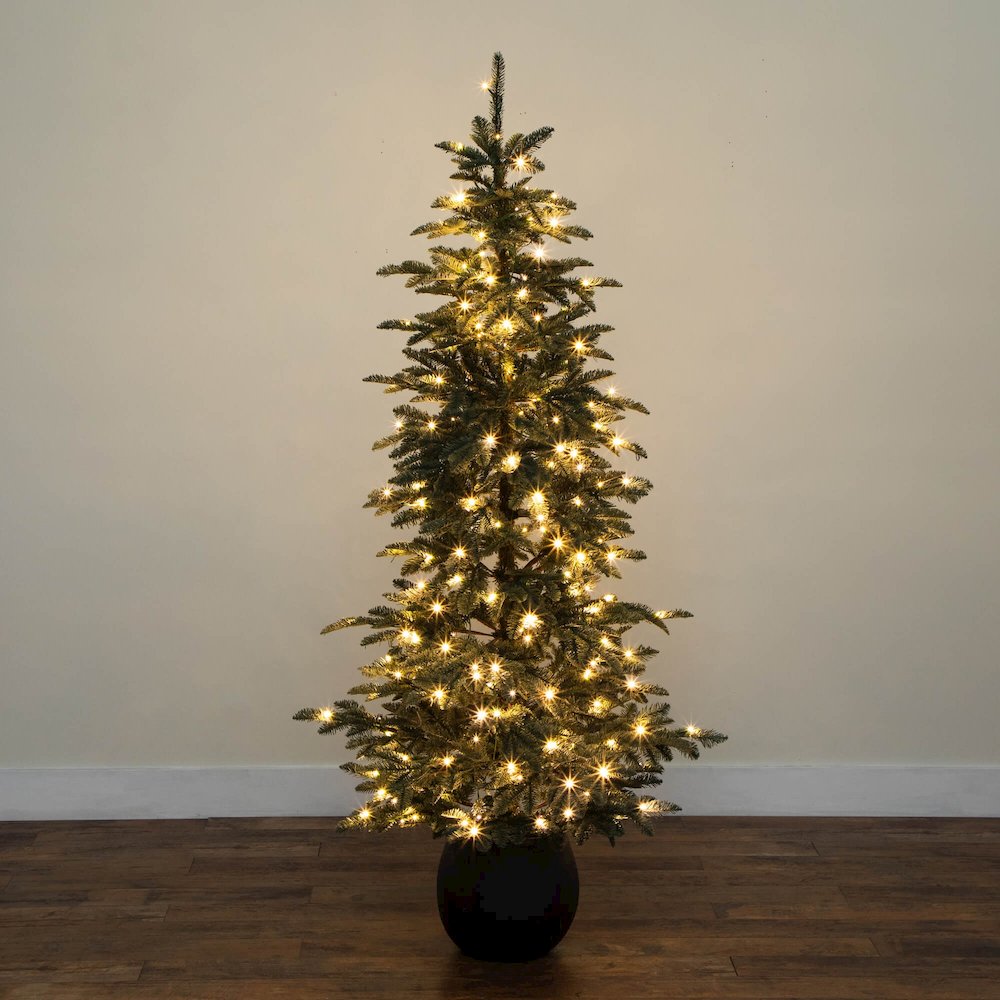 6ft. Pre-Lit Artificial Pine Christmas Tree in Round Black Decorative Planter