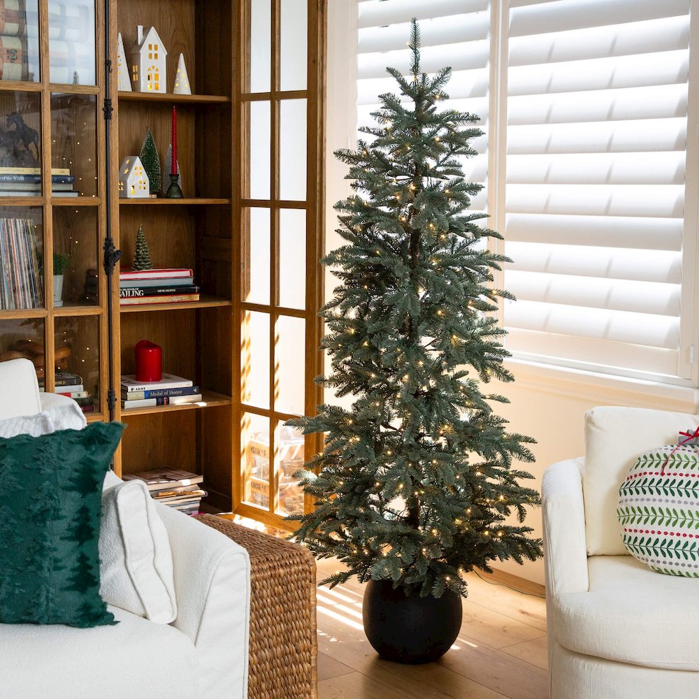 6ft. Pre-Lit Artificial Pine Christmas Tree in Round Black Decorative Planter