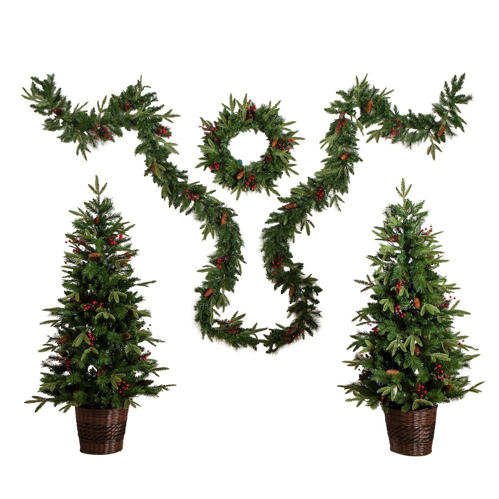 Pre-Lit Artificial Christmas Holiday 5 Piece Bundle with Pinecones & Berries