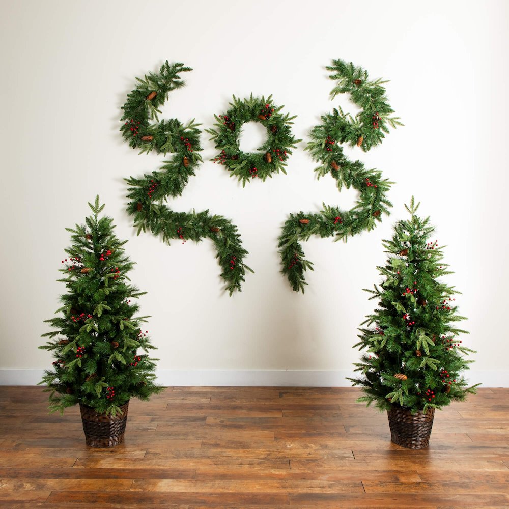 Pre-Lit Artificial Christmas Holiday 5 Piece Bundle with Pinecones & Berries