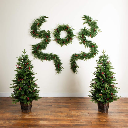Pre-Lit Artificial Christmas Holiday 5 Piece Bundle with Pinecones & Berries